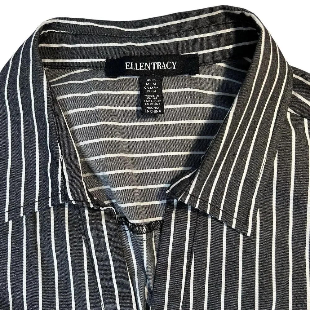 Ellen Tracy Shirt Dress Mini MED Button Front Striped Sleeveless Charcoal Gray